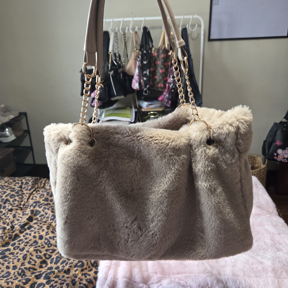 Plush Faux Fur Tote Bag in Taupe - Women's Shoulder Bag